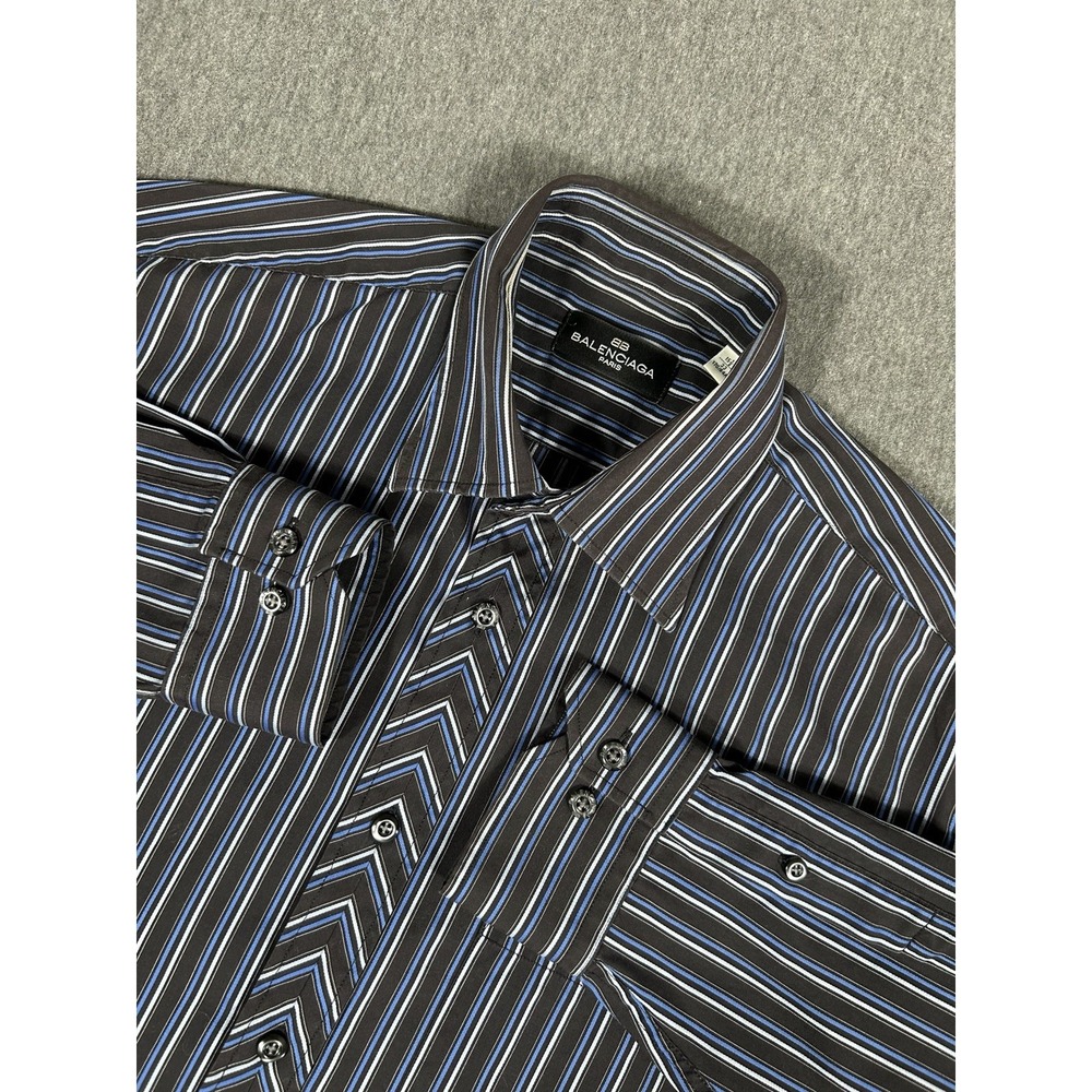 Balenciaga Paris Mens Striped Button Up Shirt BB Logo Size 15.5 33 Black Blue